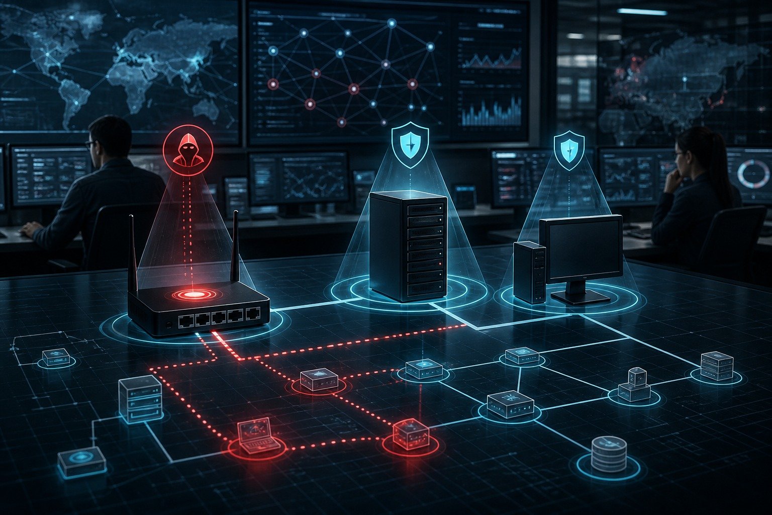 Illustrazione di router, server di autenticazione e host di management monitorati in una rete aziendale