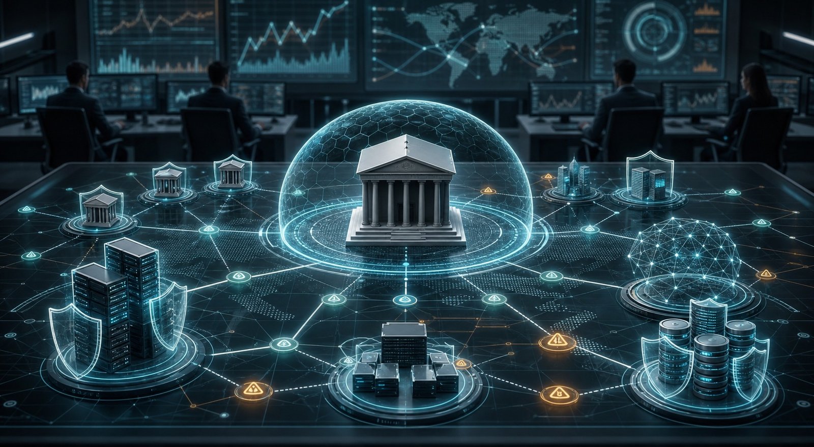 Illustrazione di una rete finanziaria protetta con nodi AI e controlli di cybersicurezza