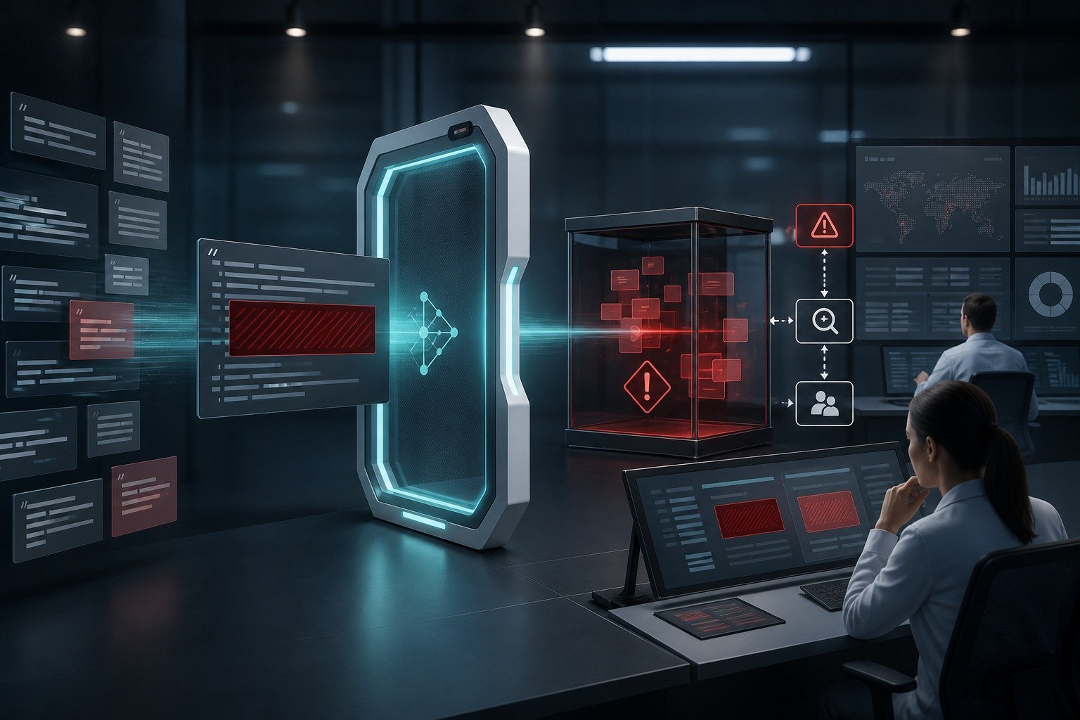 Illustrazione di codice sospetto analizzato da uno scanner AI in un laboratorio di malware analysis