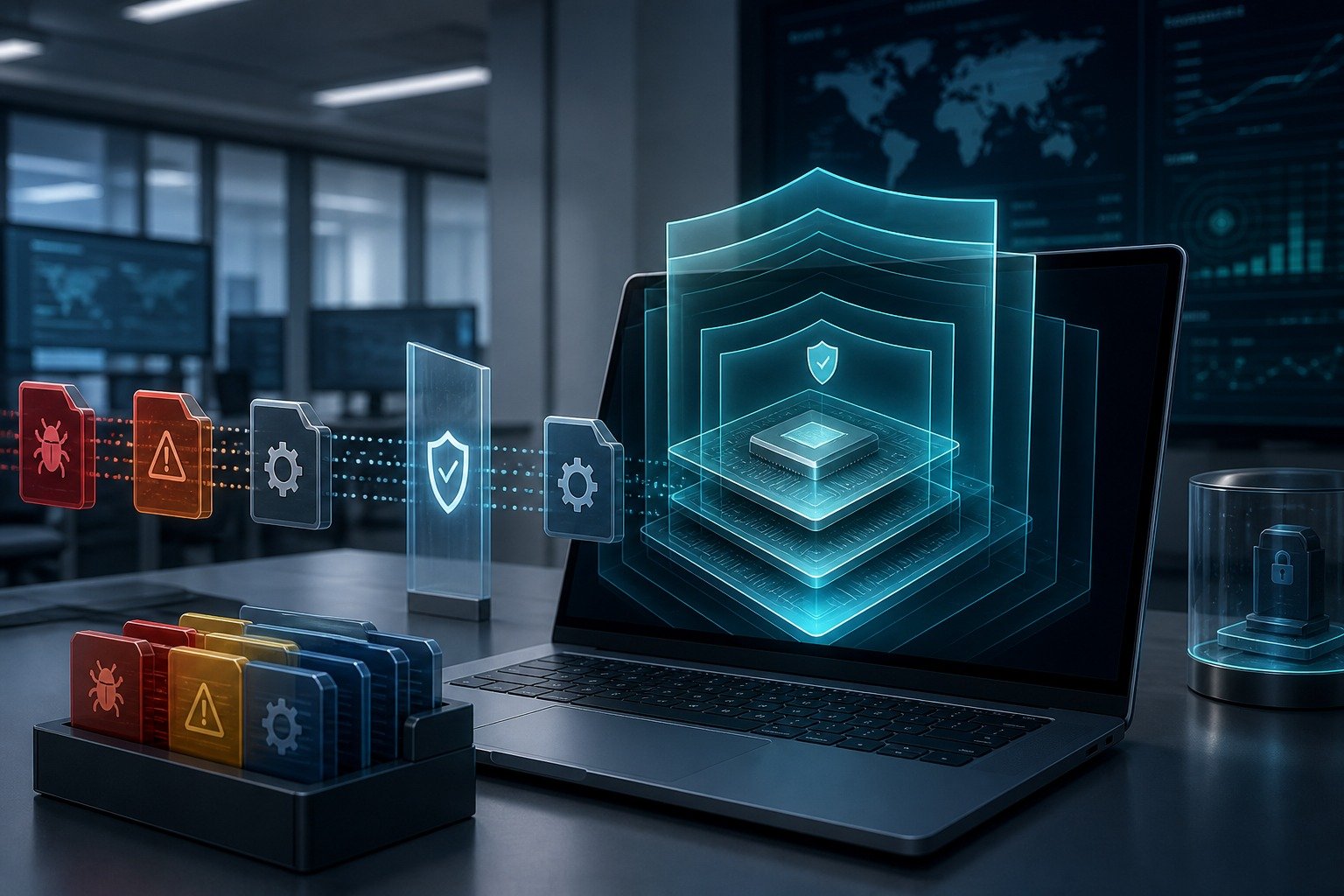Illustrazione di un laptop protetto da livelli di sicurezza e controlli sui driver