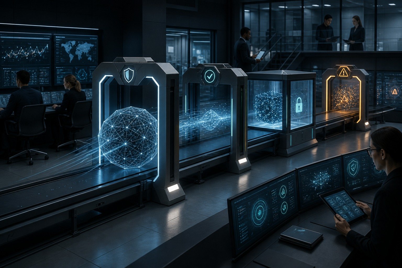 Illustrazione di un modello AI che attraversa controlli di sicurezza e sandbox prima del rilascio
