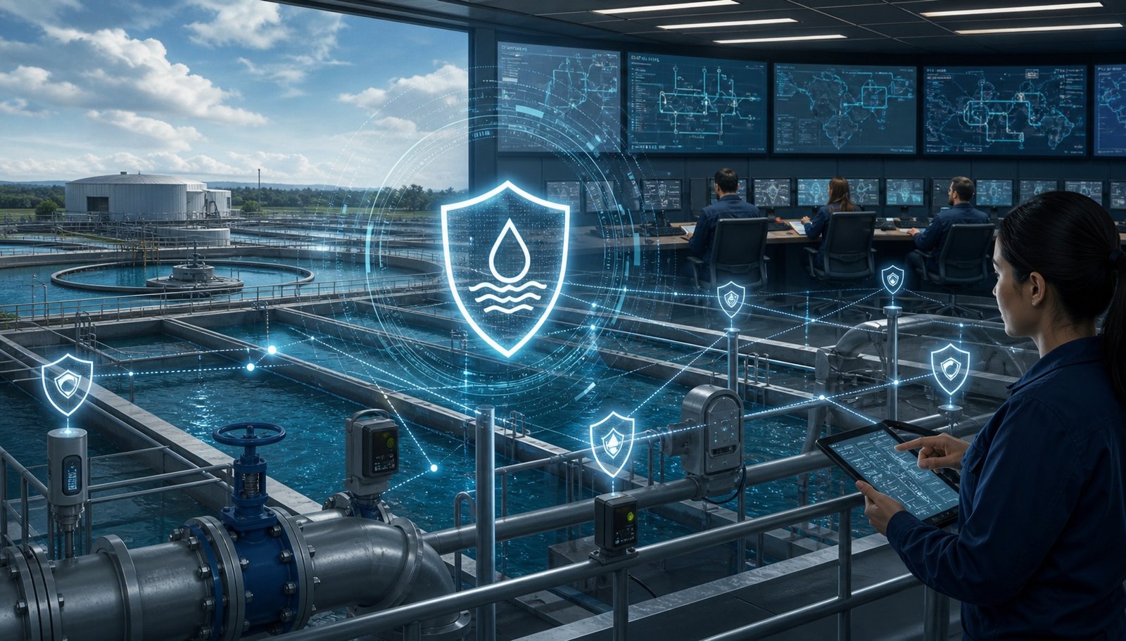 Illustrazione di un impianto idrico protetto da controlli di cybersicurezza e monitoraggio OT