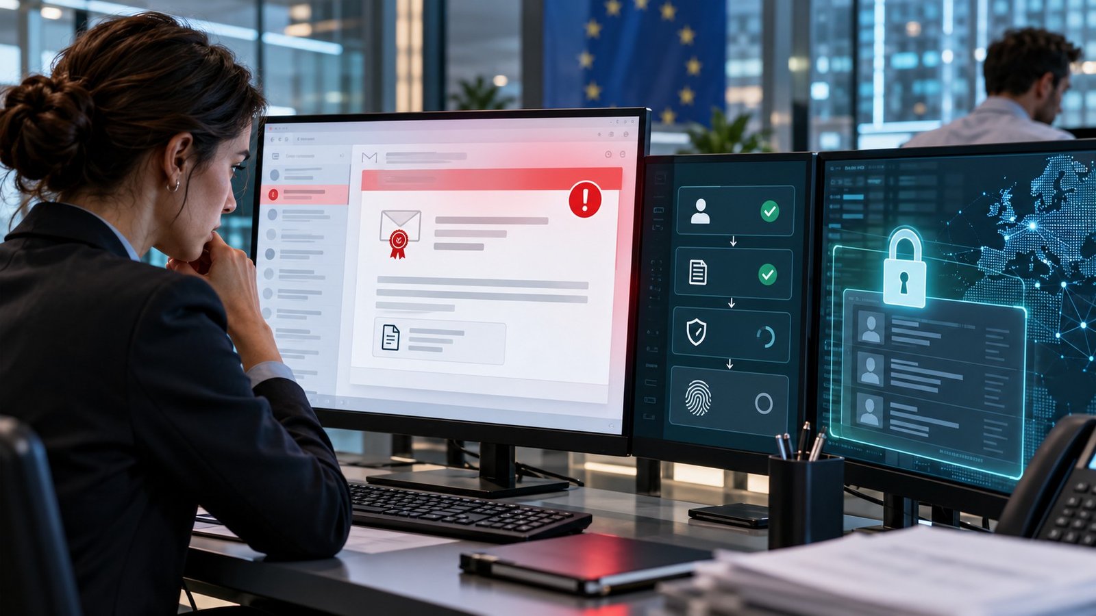 Operatrice bancaria verifica una richiesta digitale sospetta prima di accedere ai dati dei clienti