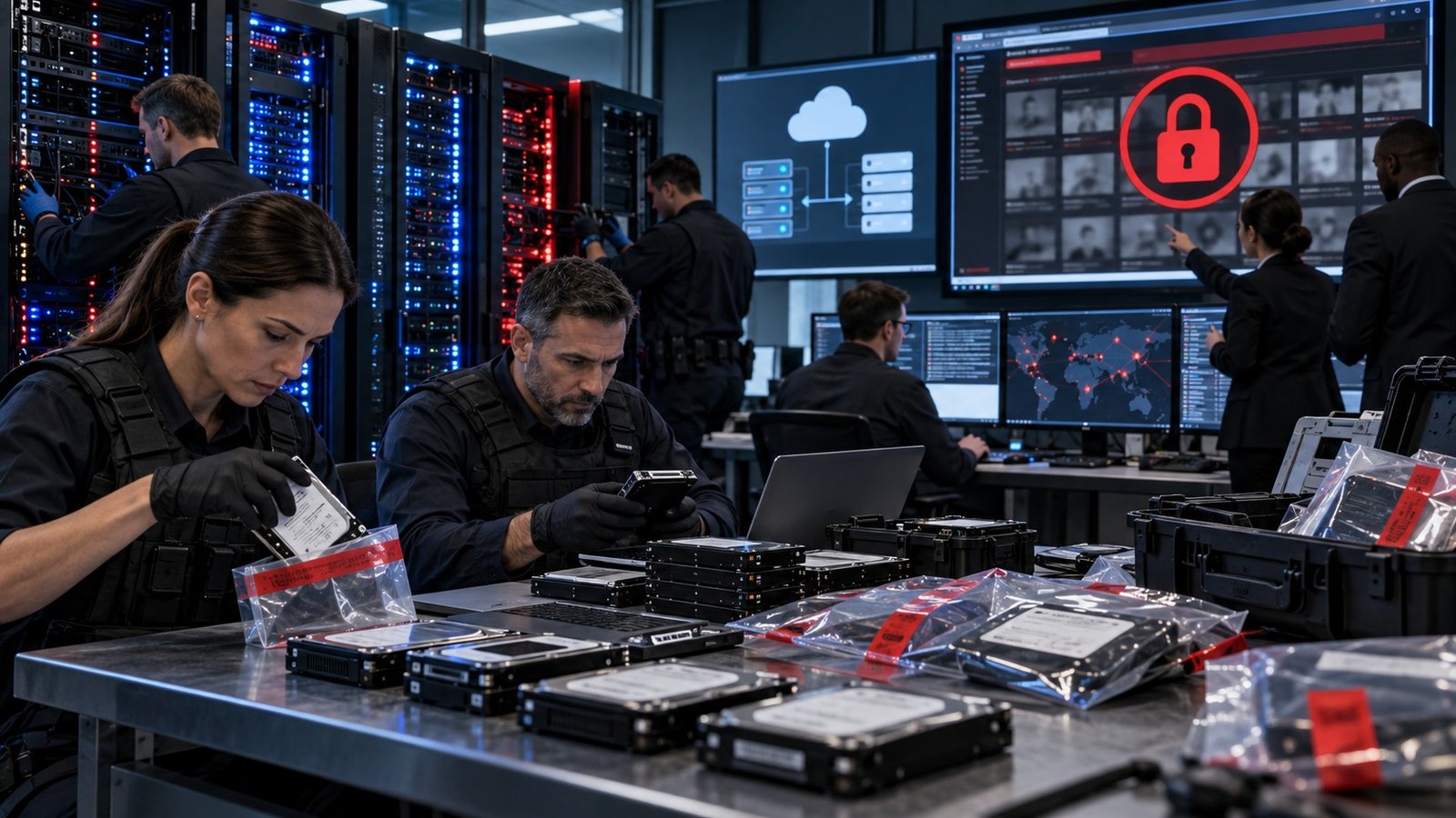 Investigatori analizzano server e supporti digitali sequestrati durante un'operazione contro il ransomware